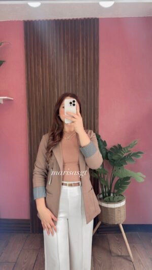 Blazer Manga Rayada Beige Oscuro