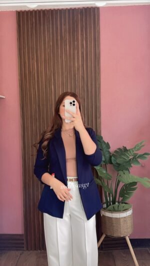 Blazer Manga Plisada Azul Marino
