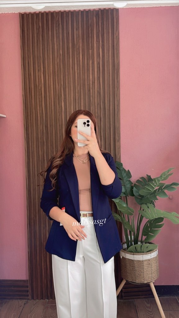 Blazer Manga Plisada Azul Marino